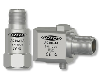 A stainless steel, top exit, standard size CTC vibration sensor next to stainless steel, side exit, standard size AC104 vibration sensor, with CE and UKCA engravings on the cases