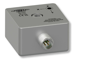 a side exit, standard size, stainless steel triaxial industrial sensor with Z, X, and Y Axis Labels