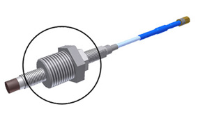 A render of a CTC PRO Line DM901-1A mounting bushing adapter on an 8 mm proximity probe.