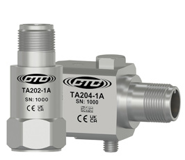 A standard size, top exit TA202-1A dual output sensor next to a standard size, side exit TA204-1A dual output sensor.