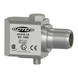Side view of a side exit AC934 standard size industrial accelerometer