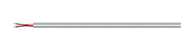 A segment of a CB602 stainless steel armor jacketed cable with two conductor wires (red, black) and a drain wire showing on the left side of the cable.