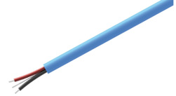 blue PLTC jacketed CB190 cable with red and black conductor wires showing on one end