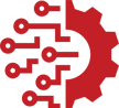 a red icon showing half of a cog gear and connectivity lines representing the concept of vibration sensor technology