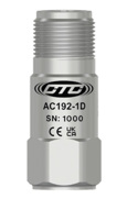AC192 stainless steel, top exit, compact size vibration monitoring sensor with CE and UKCA certification logos engraved on front of case along with part number and serial number