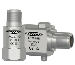 A standard size, top exit, AC207-1D high temperature accelerometer next to a standard size, side exit, AC208-1D high temperature accelerometer.