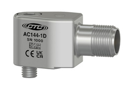 A stainless steel, side exit, miniature sized AC140-1D condition monitoring sensor with CE and UKCA certification engravings