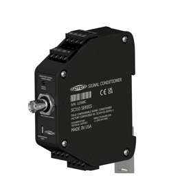 A black SC310 Series signal conditioner with stainless steel screws holding case together at four corners, and engraved with the CTC line logo, part number, and other product information.