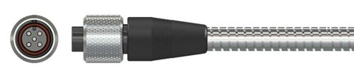 A side and face-on view of a CTC M4TR4 connector on a stainless steel armor jacketed cable.