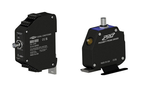 A black SC310 Signal Conditioner with BNC connector and an 8 mm PRO Line Proximity Probe Driver with Voltage Output
