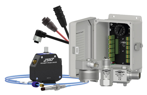 collage of an open junction boxes, cables with connectors, top and side exit accelerometers, and a proximity probe set