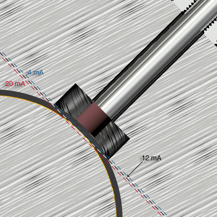 An 8 mm PRO Line stainless steel proximity probe tip mounted on an industrial machine shaft