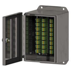 A stainless steel CR202 cable termination box with front panel open showing terminal block plugs.
