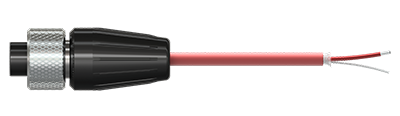 A render of a polycarbonate molded A2AG grounded connector on a red FEP jacketed CB102 cable.