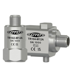 A standard size m12 top exit TR102-M12A dual output sensor next to a standard size, M12 side exit TR104-M12A dual output sensor.