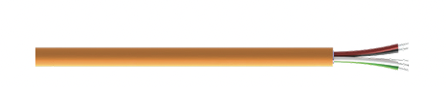 Orange FEP-Jacketed Industrial CB119 Cable with Red, Black, White, and Green Conductors and a Grey Shield Drain Wire coming out of the right side of cable