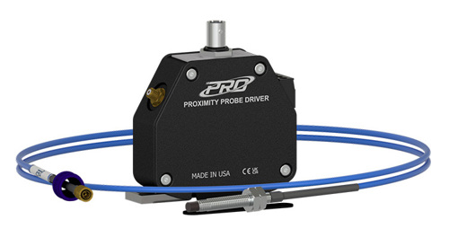 a black FFv 5 mm proximity probe driver engraved with the PRO Line logo surrounded by a probe tip on a blue extension cable