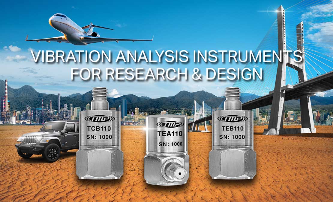two top exit and one side exit TMP test and measurement vibration monitoring sensors in front of a black and white collage of a car, airplane, and suspension bridge
