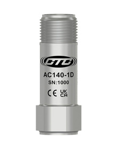 A stainless steel, top exit miniature sized AC140-1D Condition Monitoring Sensors with CE and UKCA certification engravings