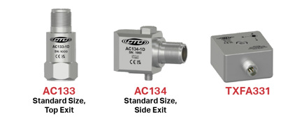 standard size, stainless steel industrial accelerometers in top and side exit configurations, lined up to show size comparison