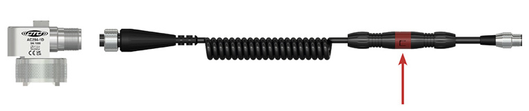 Render of a compact CTC AC294 side exit sensor on a magnetic mounting base, and a CTC industrial cable and connector assembly