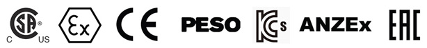 hazardous rating logos - CSA, EX, CE, PESO, IECEx, ANZEx, EAC