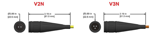 drawings show the length and diameter of black Viton industrial connectors