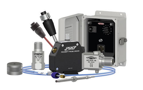 Collage of CTC products including a fiberglass junction box, cables, connectors, side and top exit accelerometers, mounting base, and proximity probe