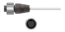 side and front view of CTC's A3R black PPS molded connector with stainless steel knurled locking ring, on a white industrial cable.