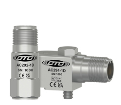 A compact size, stainless steel, top exit AC292-1D accelerometer next to a compact size, stainless steel, side exit AC294-1D accelerometer.