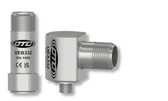 a stainless steel, top exit, miniature size UEB332 ultrasound sensor next to a stainless steel, side exit, miniature size UEA332 ultrasound sensor